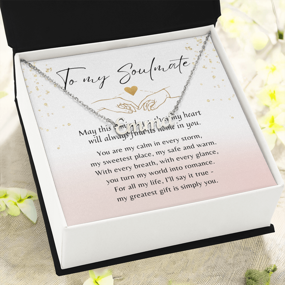 Custom Name Necklace for Her – A Meaningful Romantic Gift of Love | engraved necklace in silver finish with heartfelt message card