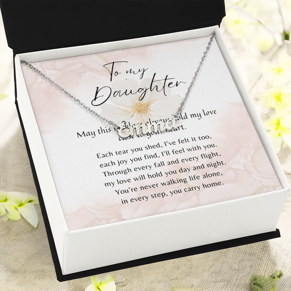 Custom Name Necklace for Daughter – A Meaningful Gift from Parent | silver finish necklace in gift box with heartfelt poem card