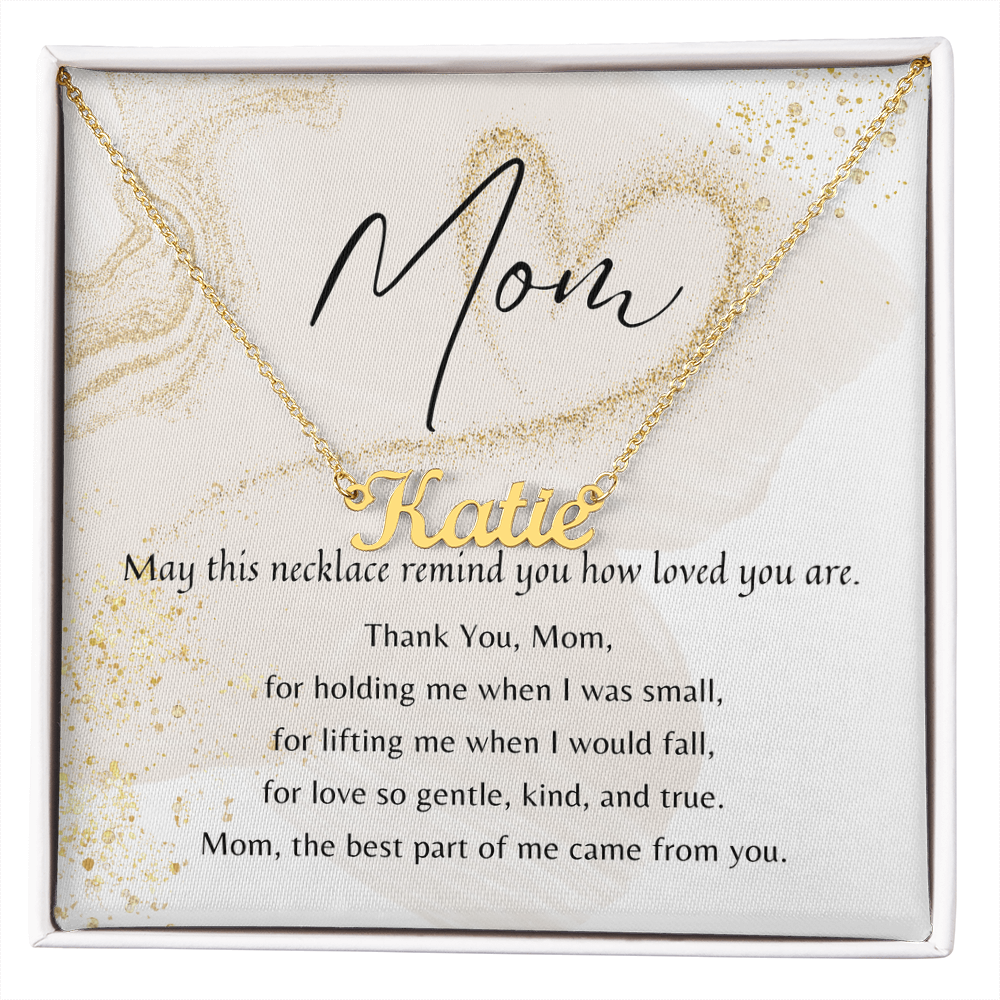 Custom Name Necklace for Mom – A Meaningful Gift of Love | Gold name pendant with heartfelt poem in gift box