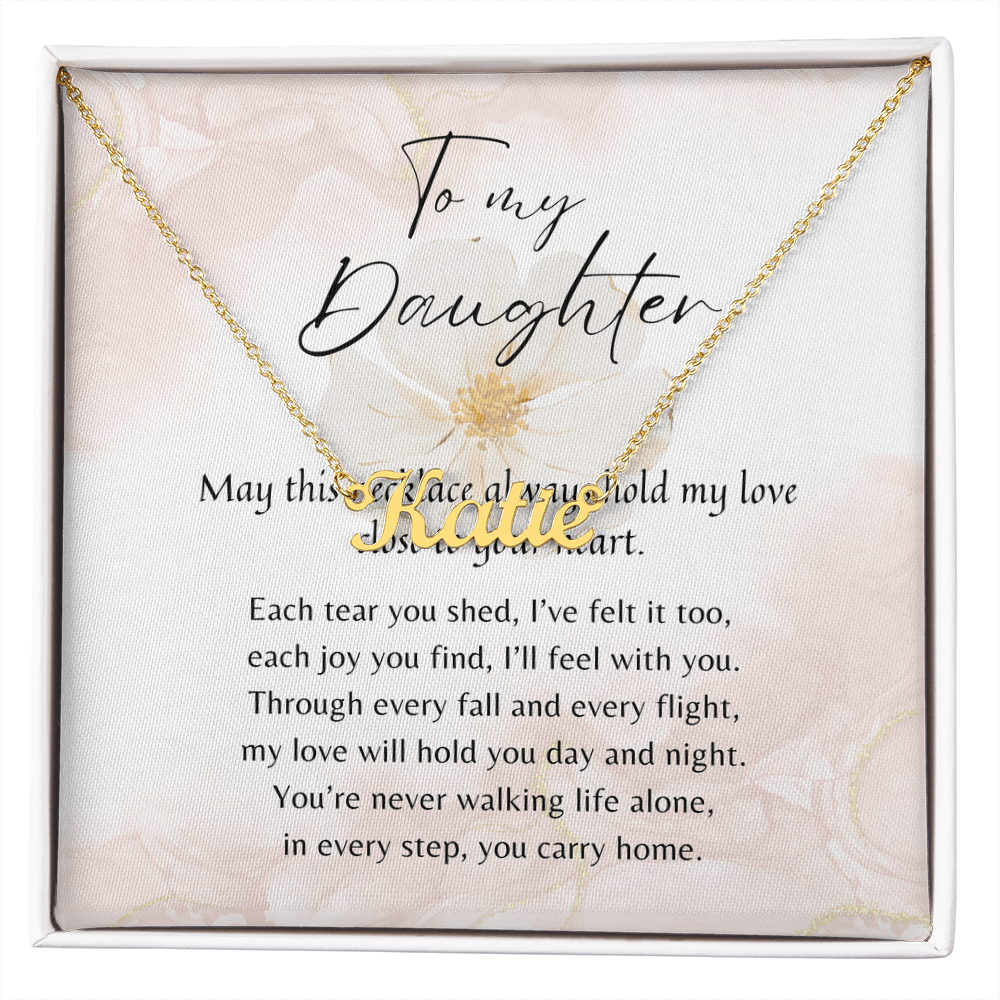 Custom Name Necklace for Daughter – A Meaningful Gift from Parent | gold finish necklace with personalized name on floral poem card