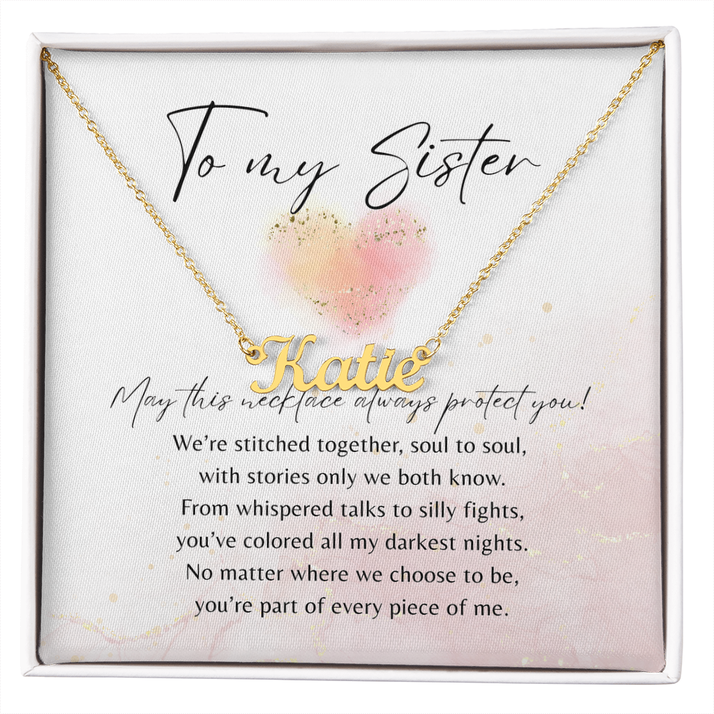 Custom Name Necklace for Sister – A Meaningful Gift of Sisterhood | Stainless Steel or 18k Yellow Gold Finish displayed with a heartfelt poem card