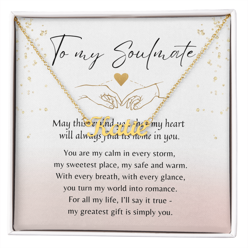 Custom Name Necklace for Her – A Meaningful Romantic Gift of Love | gold name necklace with sentimental message in gift box