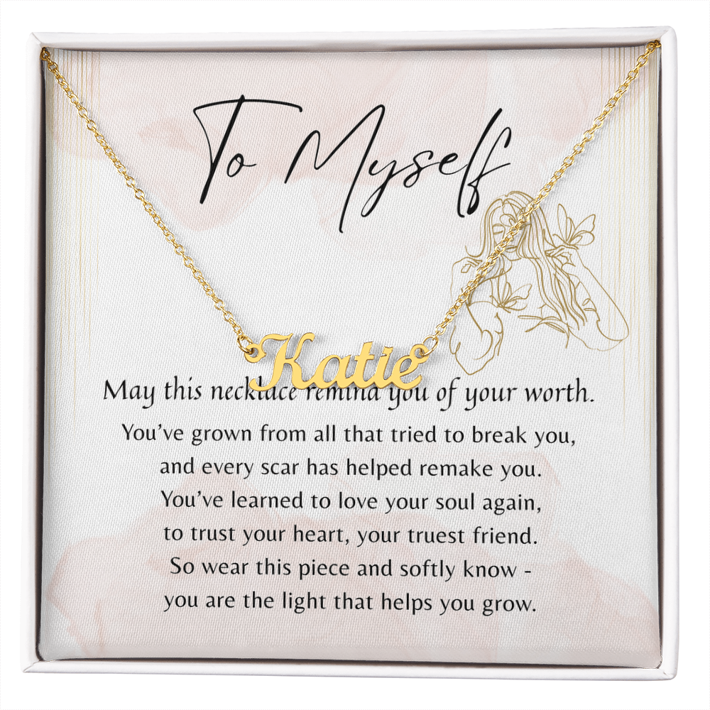 Custom Name Necklace for Myself – A Meaningful Gift for Yourself | gold finish necklace with inspiring message in gift box