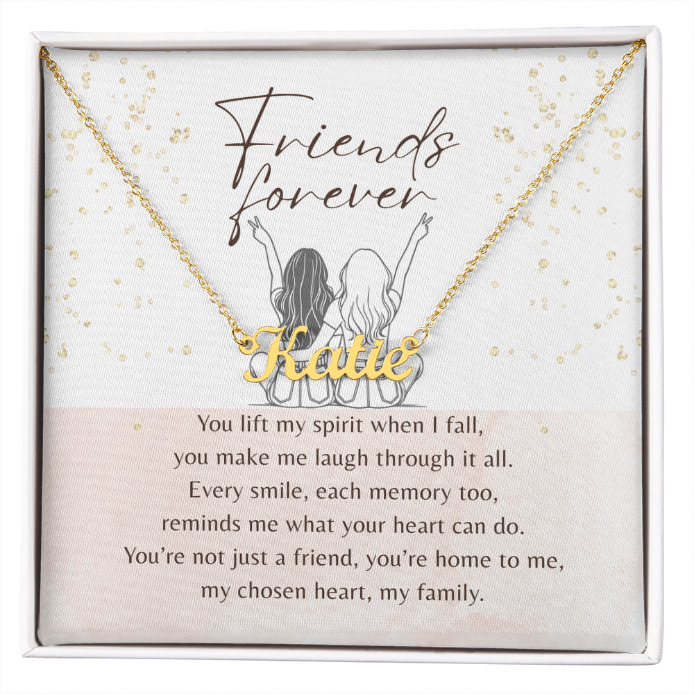 Custom Name Necklace for Best Friend – A Meaningful Gift of Friendship | gold finish personalized name necklace in gift box with poem card