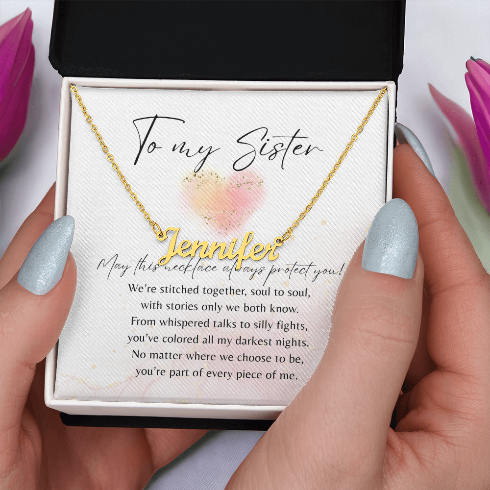 Custom Name Necklace for Sister – A Meaningful Gift of Sisterhood | Gold finish necklace with heartfelt poetic message in gift box