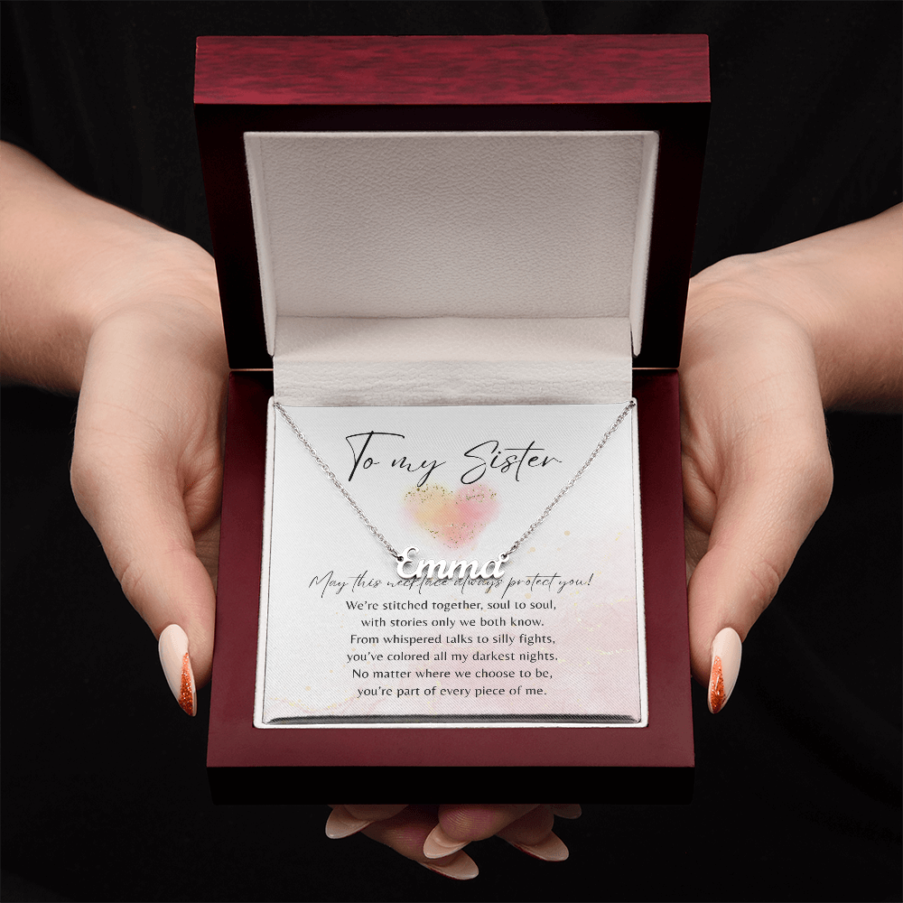 Custom Name Necklace for Sister – A Meaningful Gift of Sisterhood | Stainless Steel or 18k Yellow Gold Finish in elegant gift box with poem card