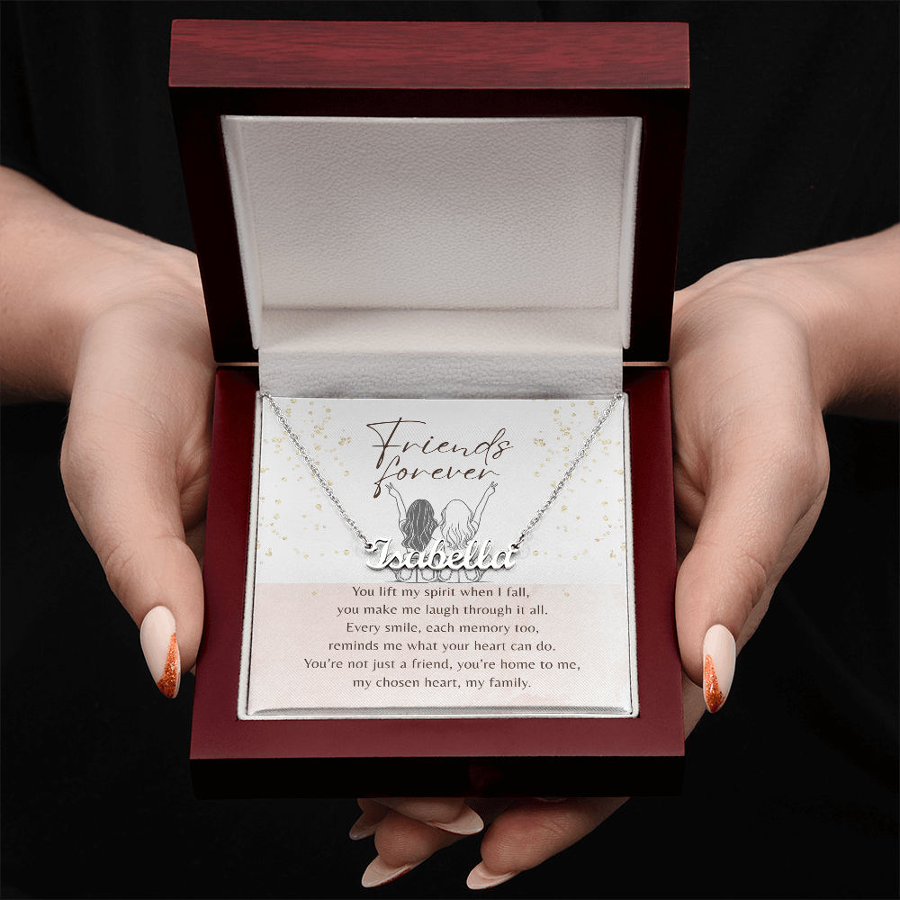 Custom Name Necklace for Best Friend – A Meaningful Gift of Friendship | silver necklace with personalized name in elegant gift box