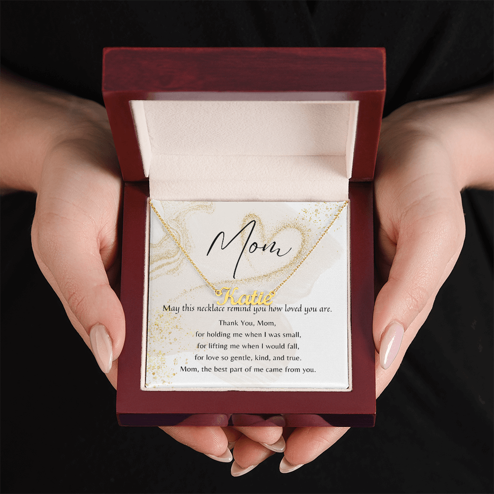 Custom Name Necklace for Mom – A Meaningful Gift of Love | Gold finish with personalized name and poem in wooden gift box