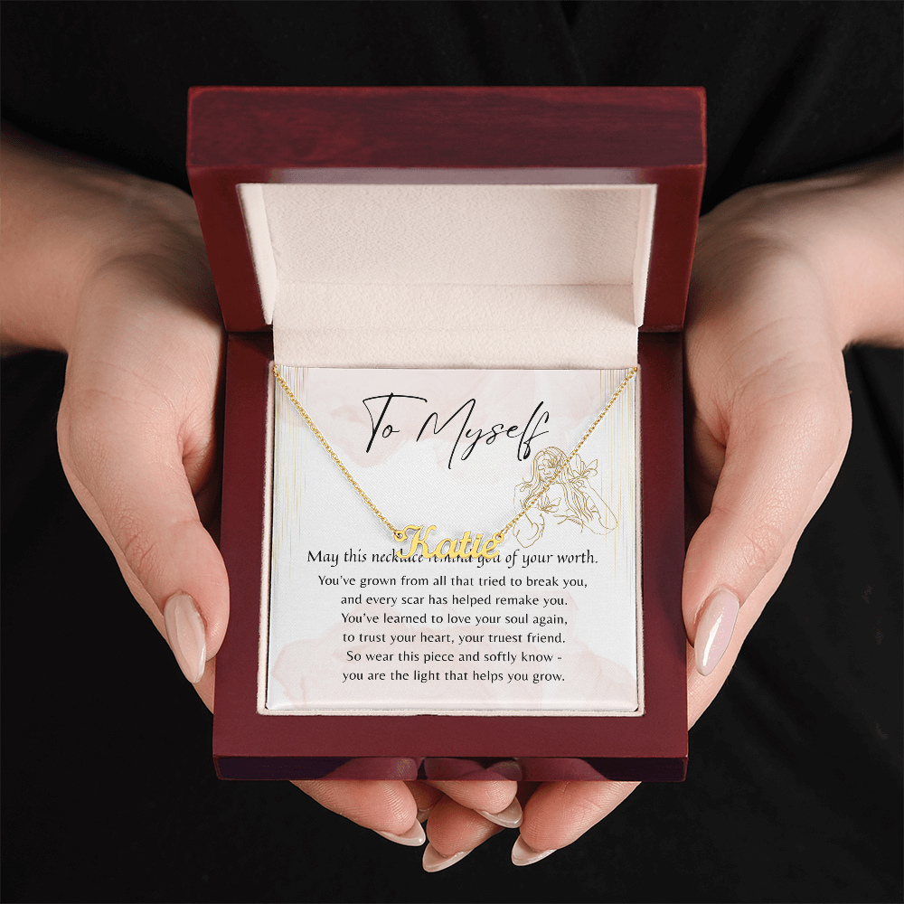 Custom Name Necklace for Myself – A Meaningful Gift for Yourself | gold finish meaningful jewelry in elegant gift box with message