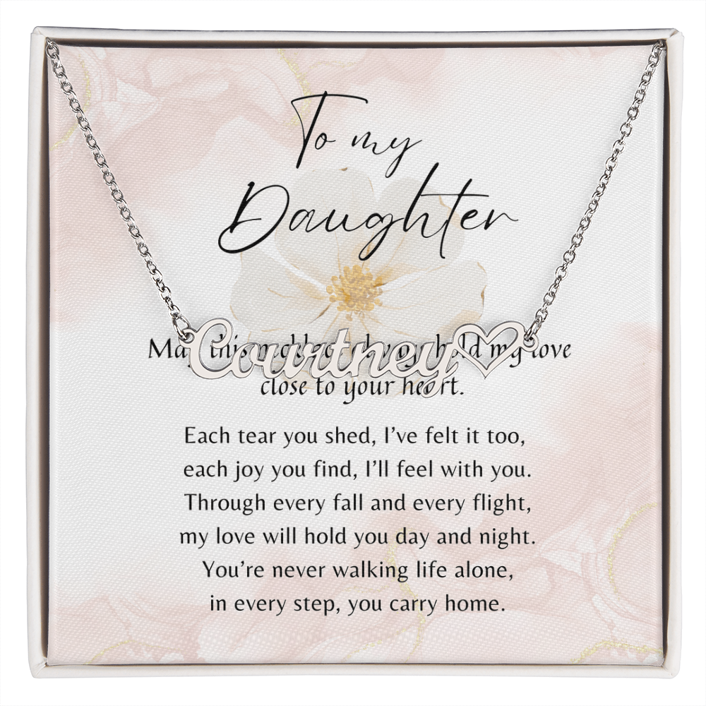 Heart Name Necklace for Daughter – A Meaningful Gift from Parent | personalized silver heart pendant on chain with heartfelt message card