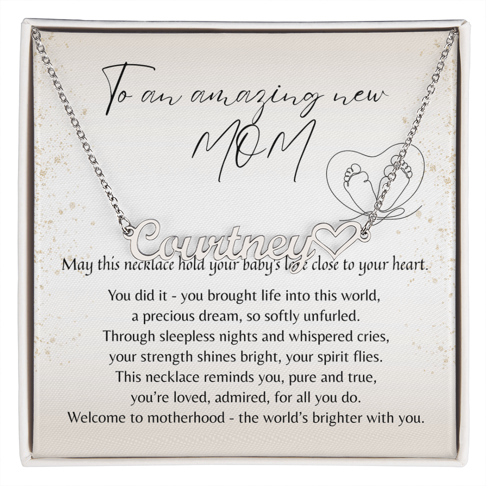 Heart Name Necklace for New Mom – A Meaningful Gift for a New Mom | silver necklace with heartfelt message card and baby footprints design