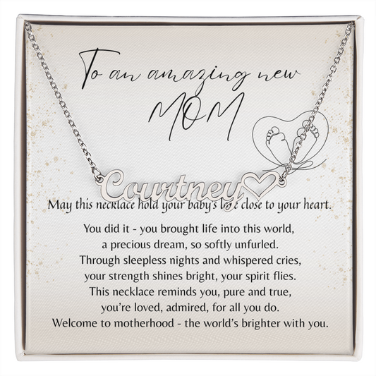 Heart Name Necklace for New Mom – A Meaningful Gift for a New Mom | silver necklace with heartfelt message card and baby footprints design