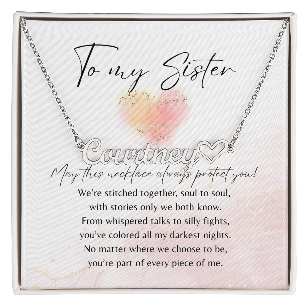 Heart Name Necklace for Sister – A Meaningful Gift of Sisterhood | Silver or gold-tone personalized necklace with heartfelt message card
