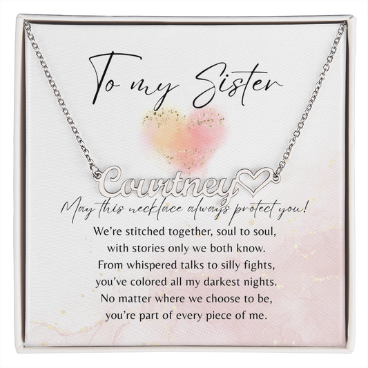 Heart Name Necklace for Sister – A Meaningful Gift of Sisterhood | Silver or gold-tone personalized necklace with heartfelt message card