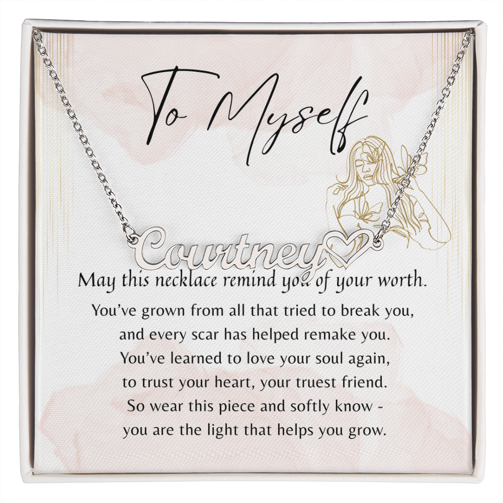 Heart Name Necklace for Myself – A Meaningful Gift for Yourself | silver name pendant with heart detail on inspiring card