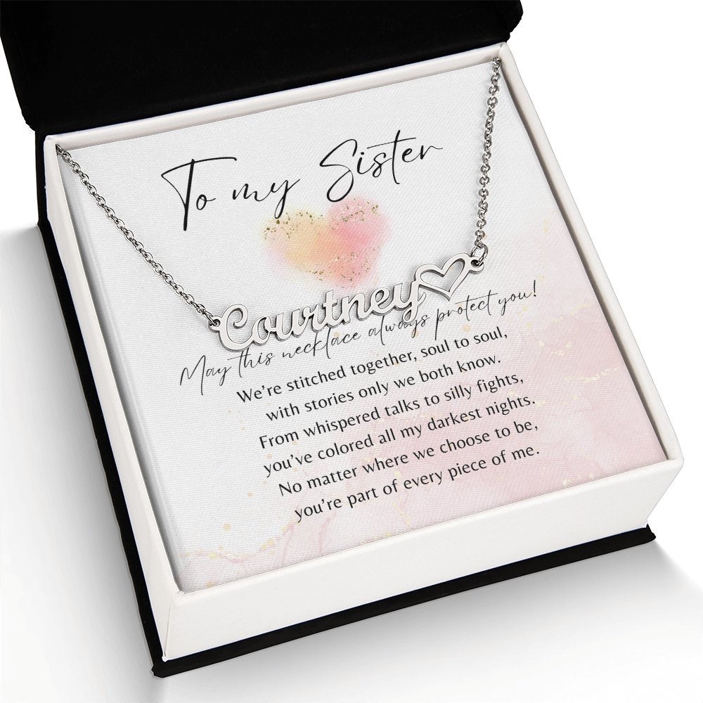 Heart Name Necklace for Sister – A Meaningful Gift of Sisterhood | personalized necklace with heart detail in gift box with poem card