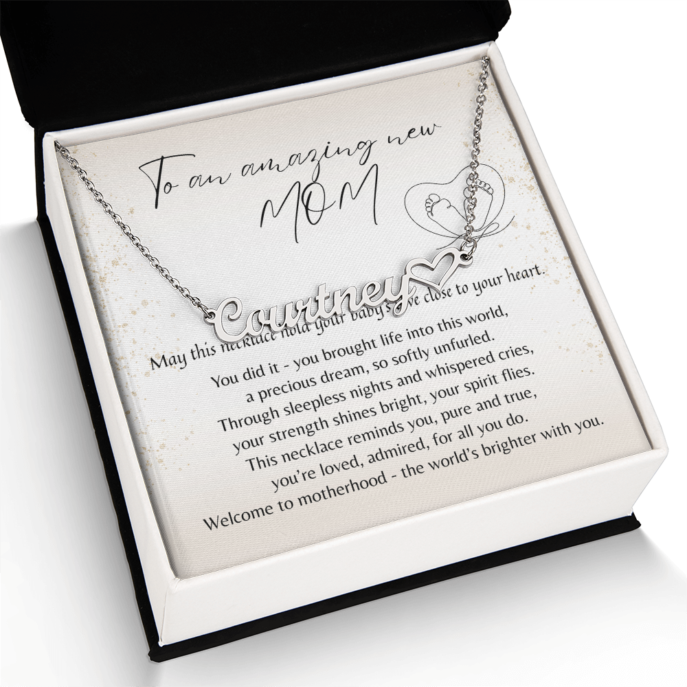 Heart Name Necklace for New Mom – A Meaningful Gift for a New Mom | silver personalized name necklace with heart detail in gift box