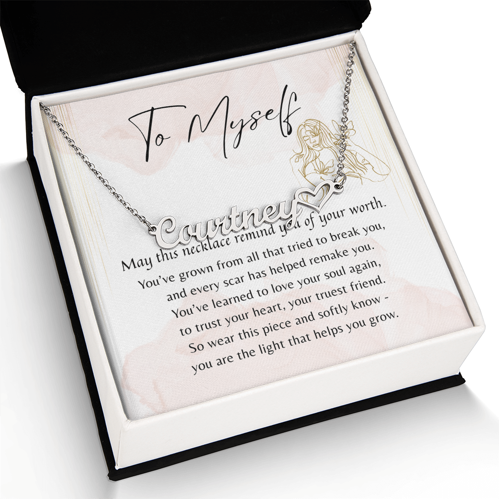 Heart Name Necklace for Myself – A Meaningful Gift for Yourself | silver stainless steel name necklace with heart detail in gift box