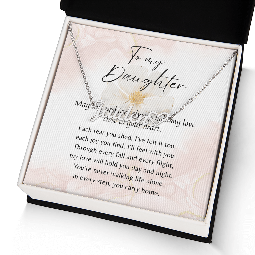 Heart Name Necklace for Daughter – A Meaningful Gift from Parent | silver finish necklace displayed in box with heartfelt poem card