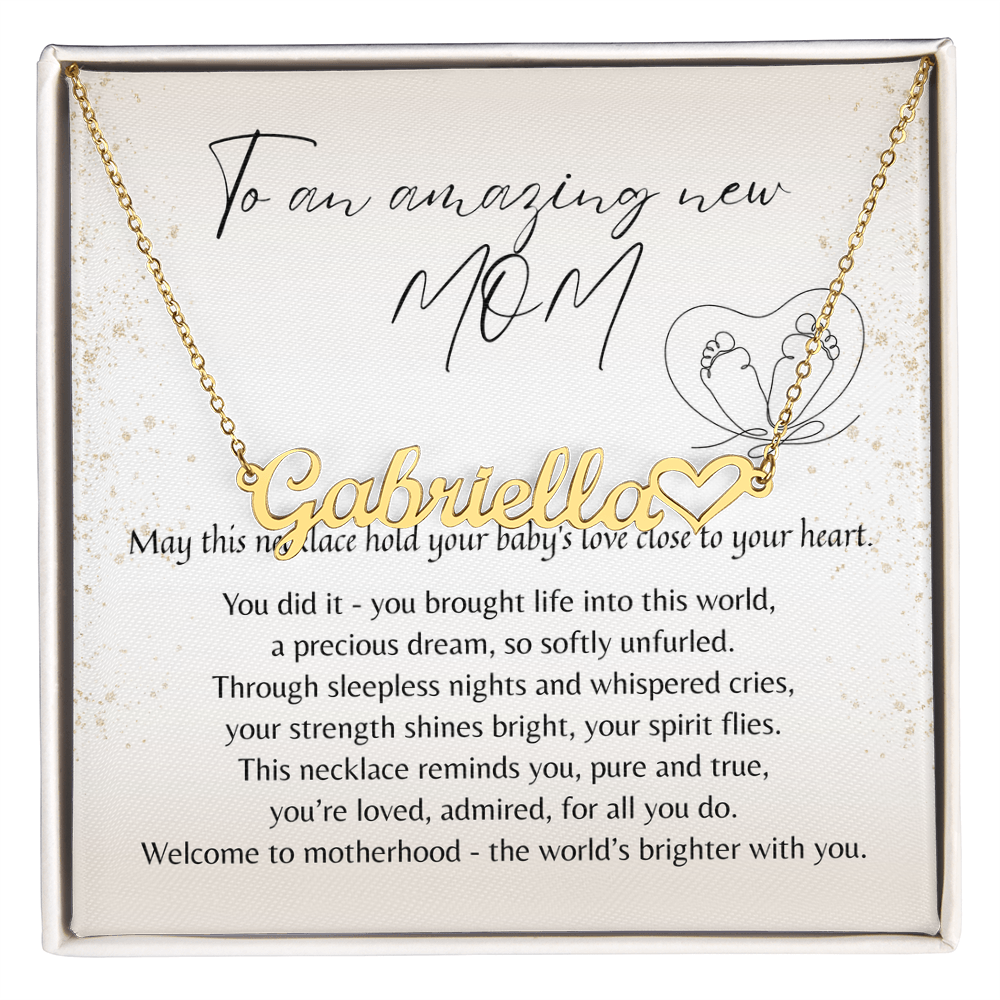 Heart Name Necklace for New Mom – A Meaningful Gift for a New Mom | gold finish personalized name necklace with heart detail
