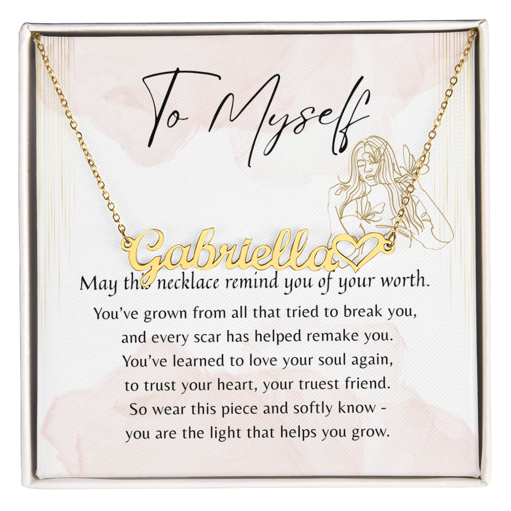 Heart Name Necklace for Myself – A Meaningful Gift for Yourself | gold name necklace with heart detail on inspirational card