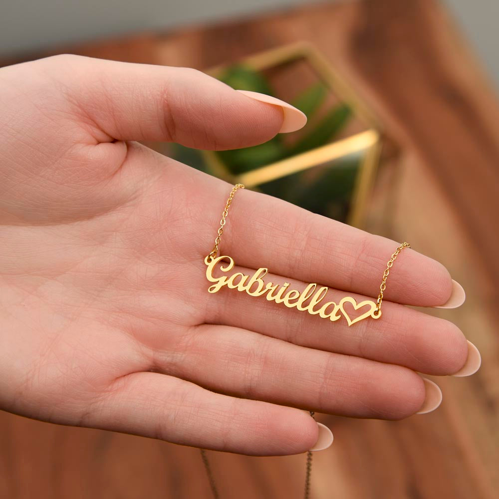 Heart Name Necklace for Myself – A Meaningful Gift for Yourself | delicate 18k yellow gold finish name necklace with heart detail