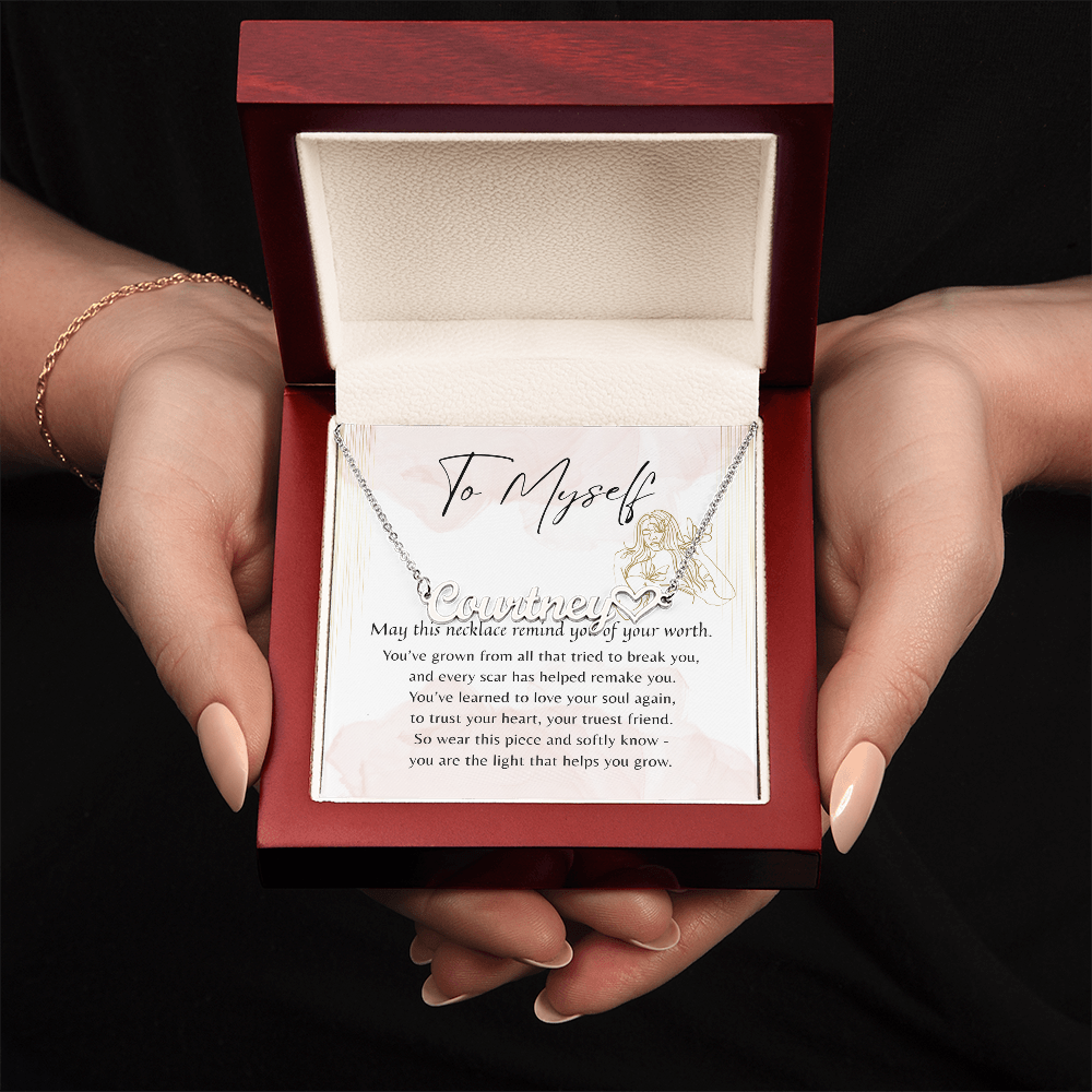 Heart Name Necklace for Myself – A Meaningful Gift for Yourself | silver necklace in red gift box with inspirational message card