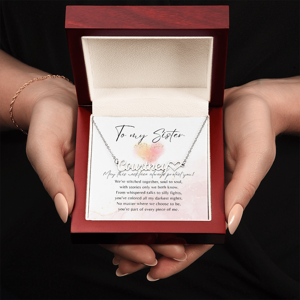 Heart Name Necklace for Sister – A Meaningful Gift of Sisterhood | stainless steel necklace displayed in elegant wooden gift box