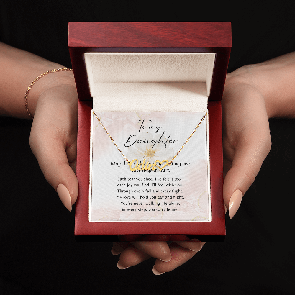 Heart Name Necklace for Daughter – A Meaningful Gift from Parent | gold finish necklace with heartfelt message in wooden gift box