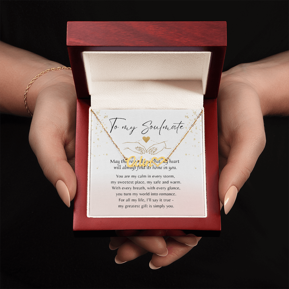 Heart Name Necklace for Her – A Meaningful Romantic Gift of Love | delicate gold necklace in elegant wooden gift box with romantic poem card