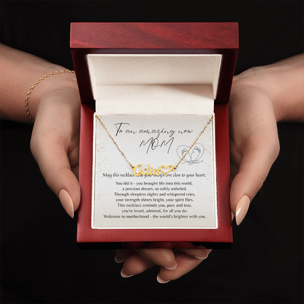 Heart Name Necklace for New Mom – A Meaningful Gift for a New Mom | gold finish necklace in wooden box with message card