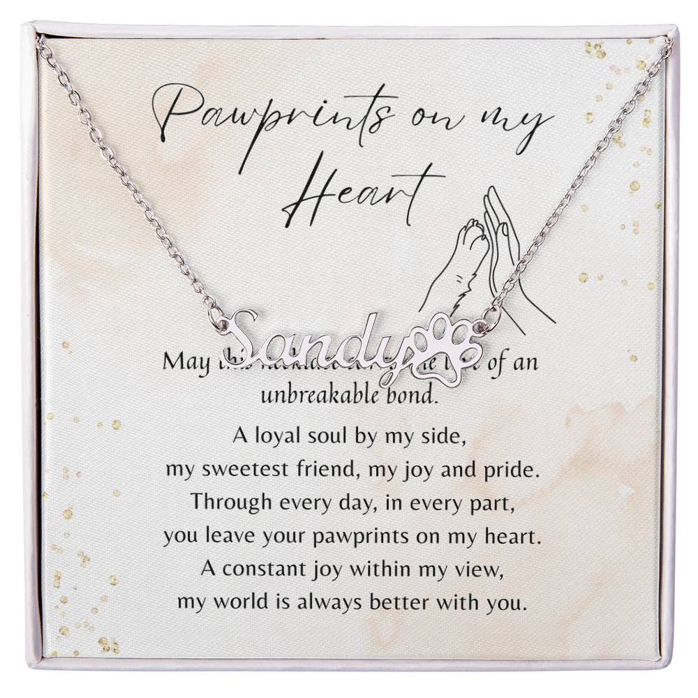 Custom Paw Print Name Necklace for Dog Owner – Personalized Dog Gift on card with poetic message about lasting bond and love