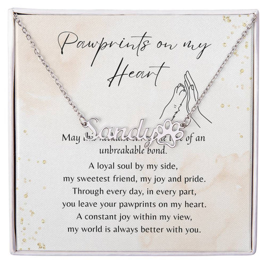 Custom Paw Print Name Necklace for Dog Owner – Personalized Dog Gift on card with poetic message about lasting bond and love