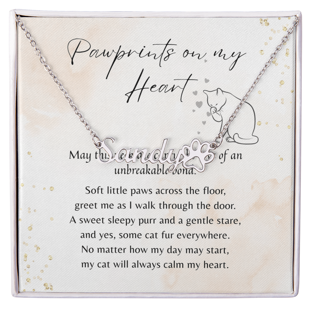 Custom Paw Print Name Necklace for Cat Owner – Personalized Cat Gift with silver name pendant and paw print on heartfelt poem card in gift box