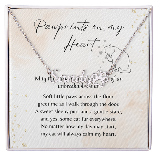 Custom Paw Print Name Necklace for Cat Owner – Personalized Cat Gift with silver name pendant and paw print on heartfelt poem card in gift box