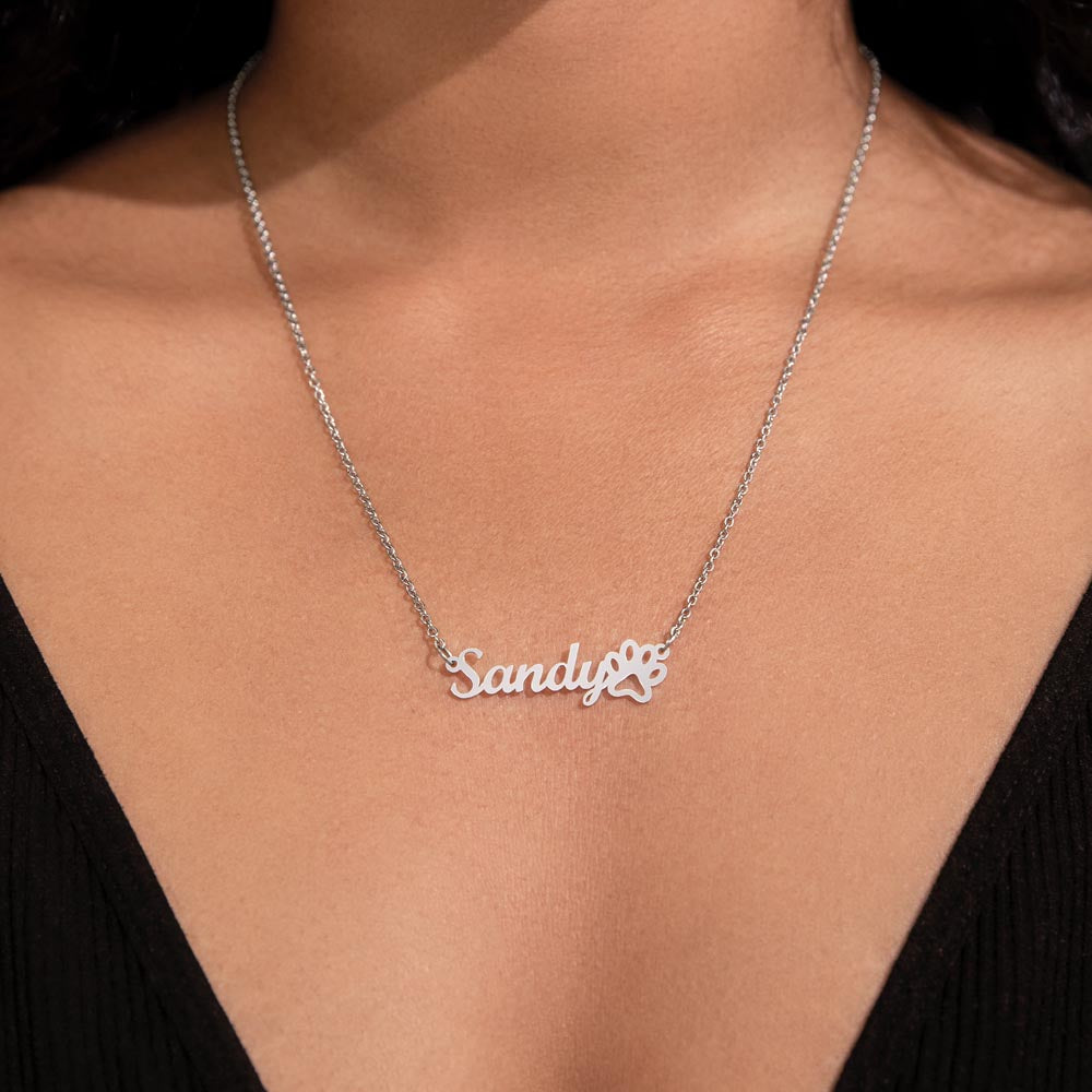Custom Paw Print Name Necklace for Cat Owner – Personalized Cat Gift with silver nameplate and paw detail worn on delicate chain