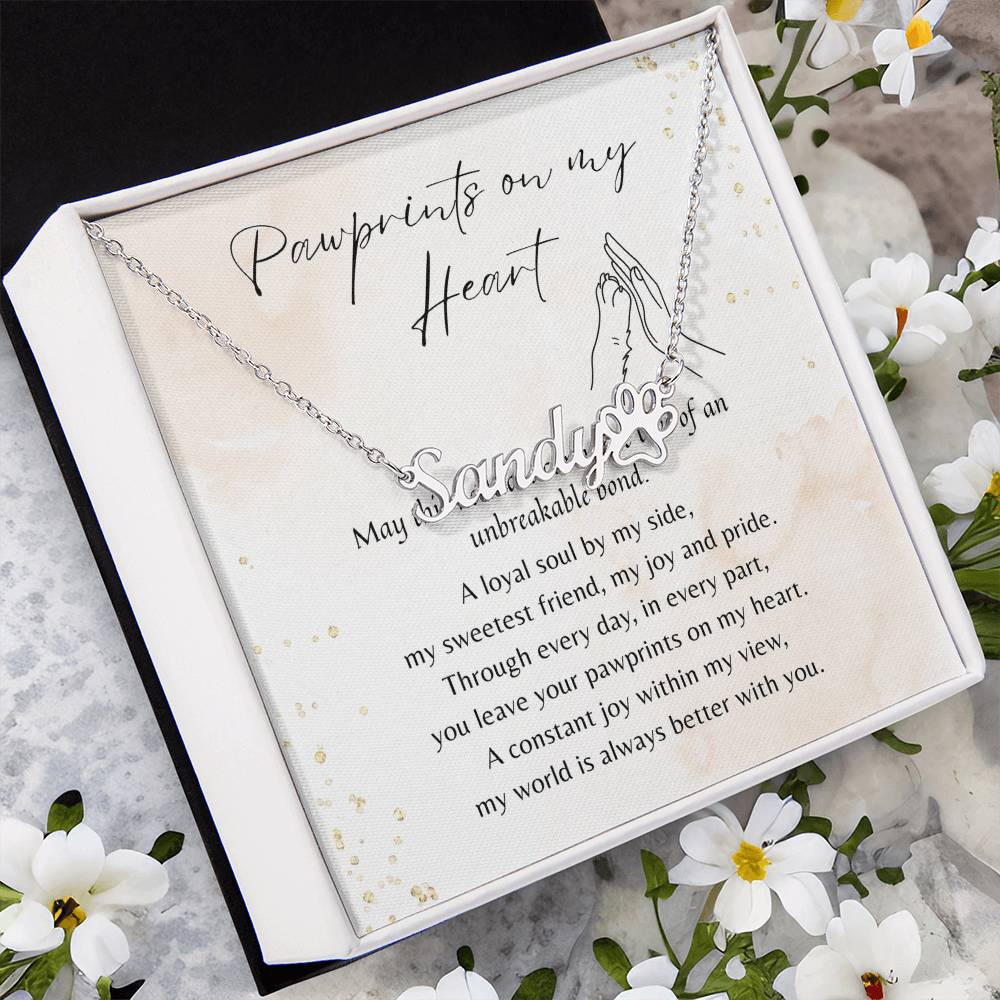 Custom Paw Print Name Necklace for Dog Owner – Personalized Dog Gift displayed in gift box with sentiment card