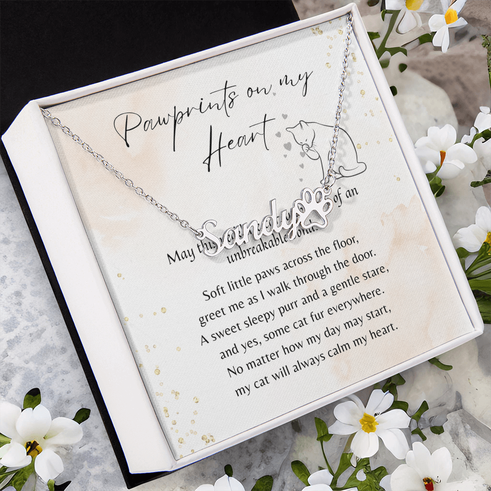 Custom Paw Print Name Necklace for Cat Owner – Personalized Cat Gift with silver chain and heartwarming poem in elegant gift box