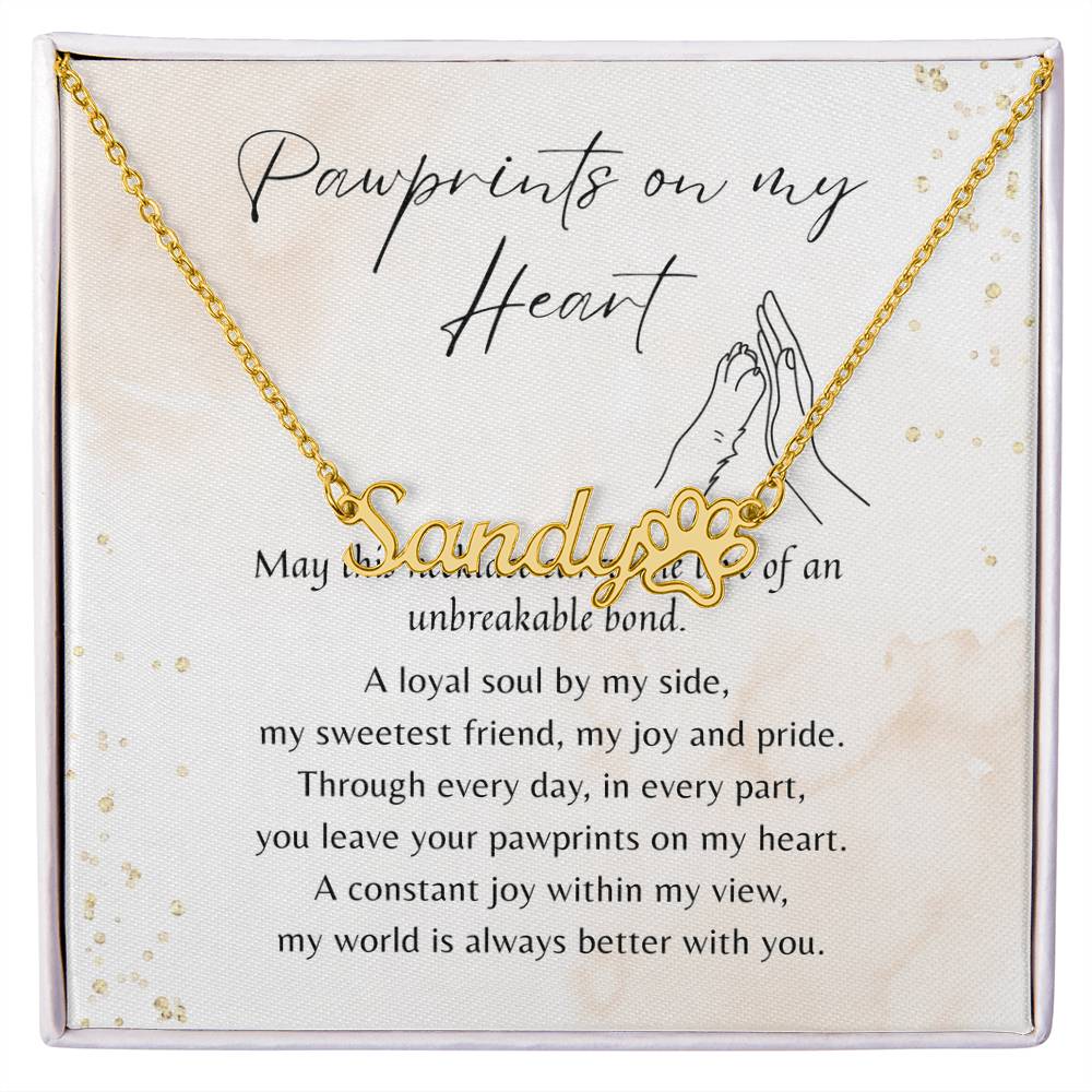 Custom Paw Print Name Necklace for Dog Owner – Personalized Dog Gift with gold name and paw charm on heartfelt message card