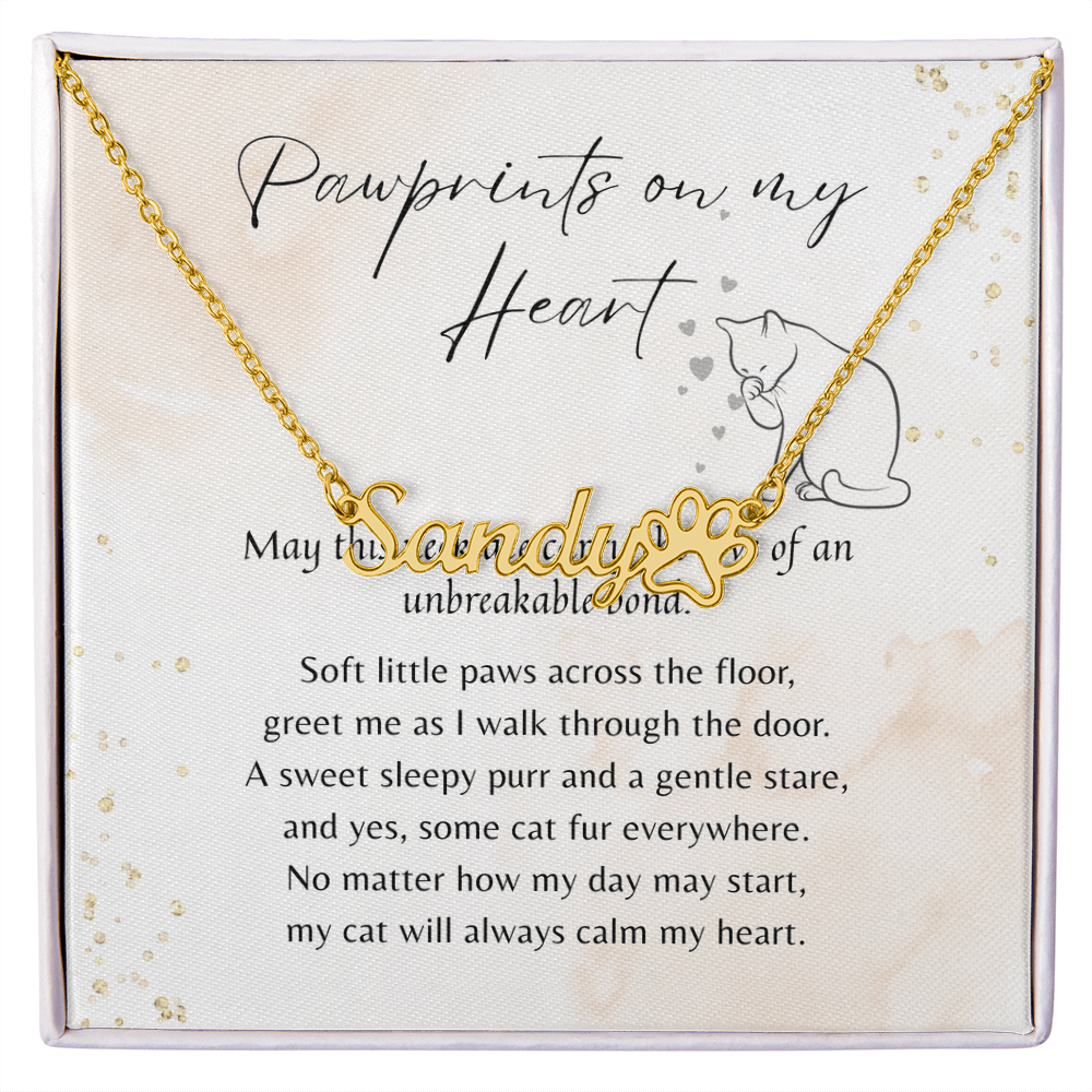 Custom Paw Print Name Necklace for Cat Owner – Personalized Cat Gift with gold name and paw pendant on meaningful poem card in gift box