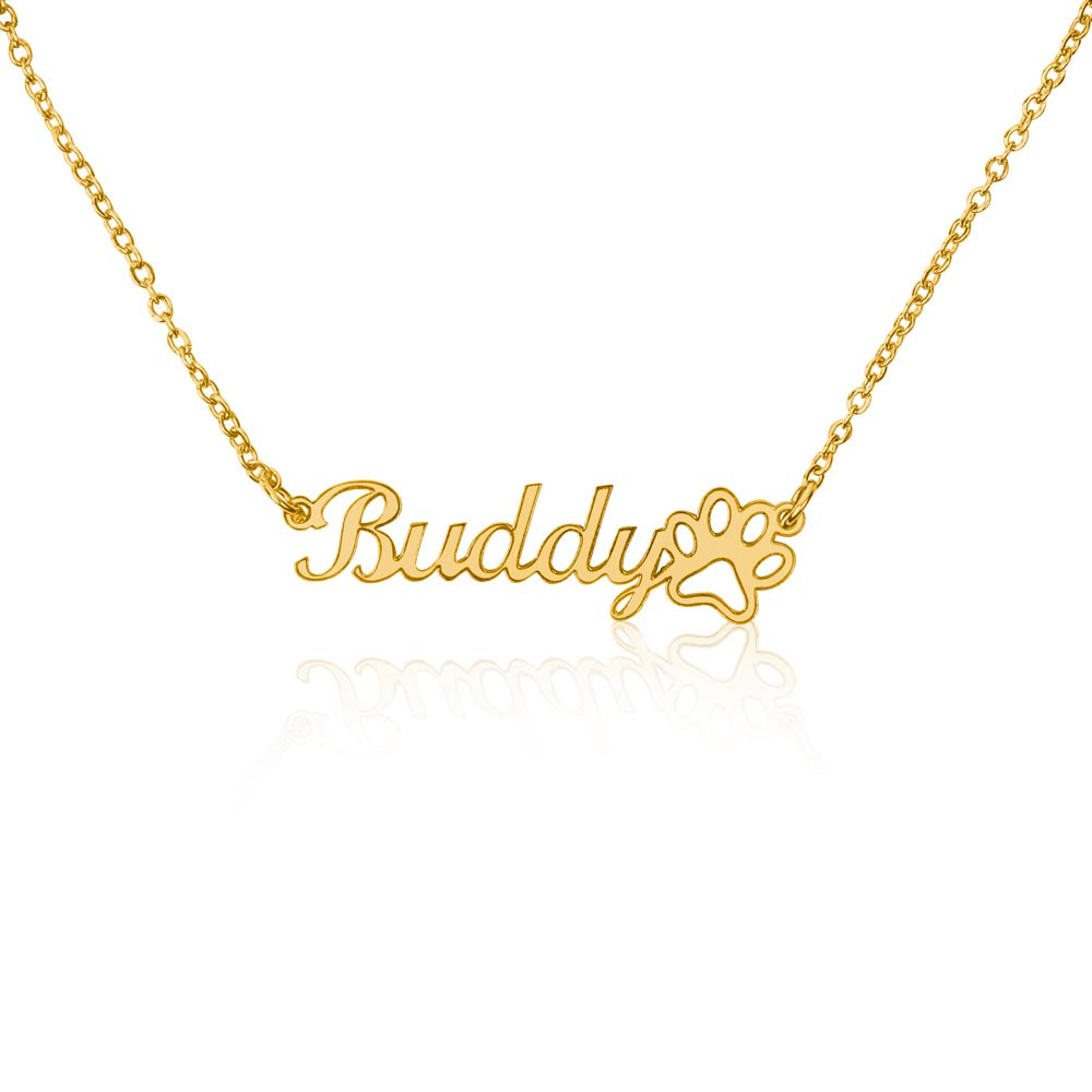 Custom Paw Print Name Necklace for Cat Owner – Personalized Cat Gift with gold name and paw pendant on delicate chain