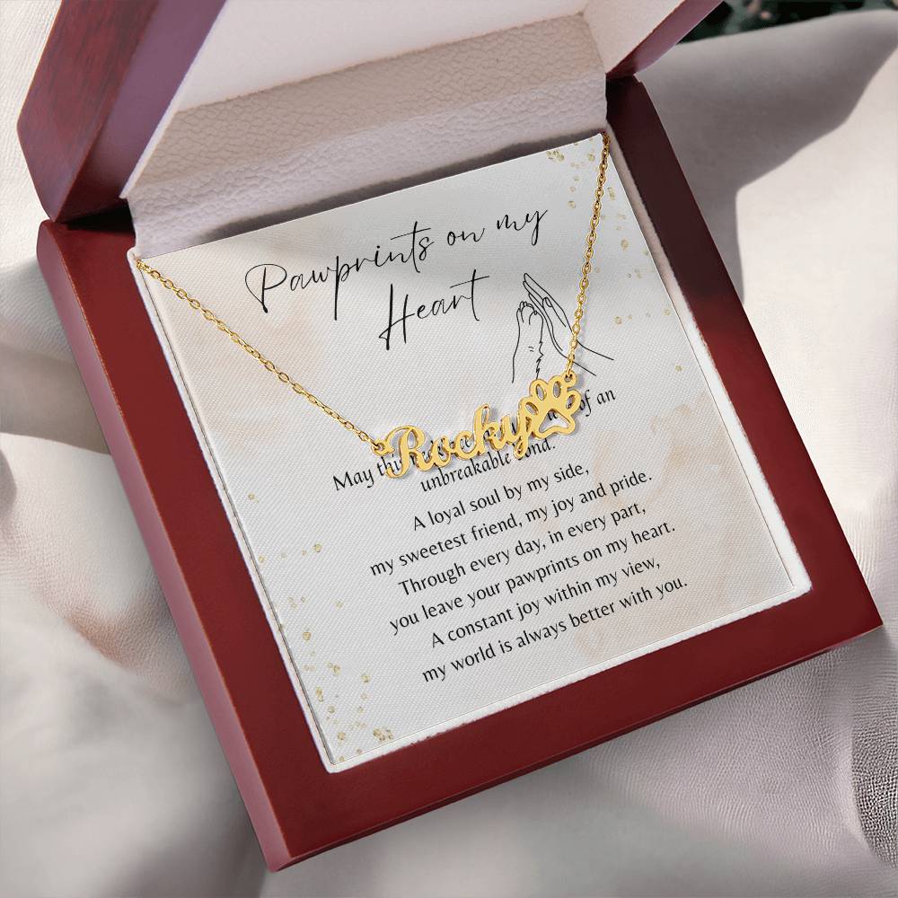 Custom Paw Print Name Necklace for Dog Owner – Personalized Dog Gift displayed with heartfelt message about love and loyalty.