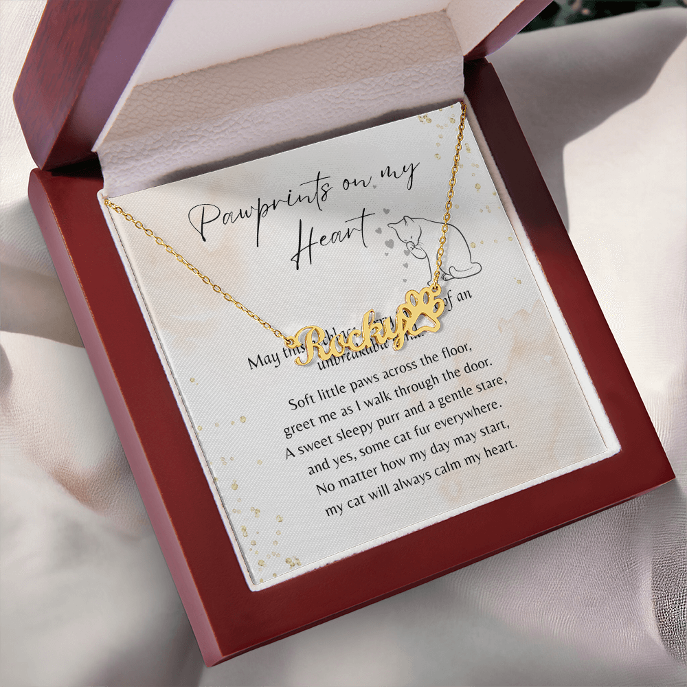 Custom Paw Print Name Necklace for Cat Owner – Personalized Cat Gift with gold nameplate and paw detail on heartfelt poem card in wooden box