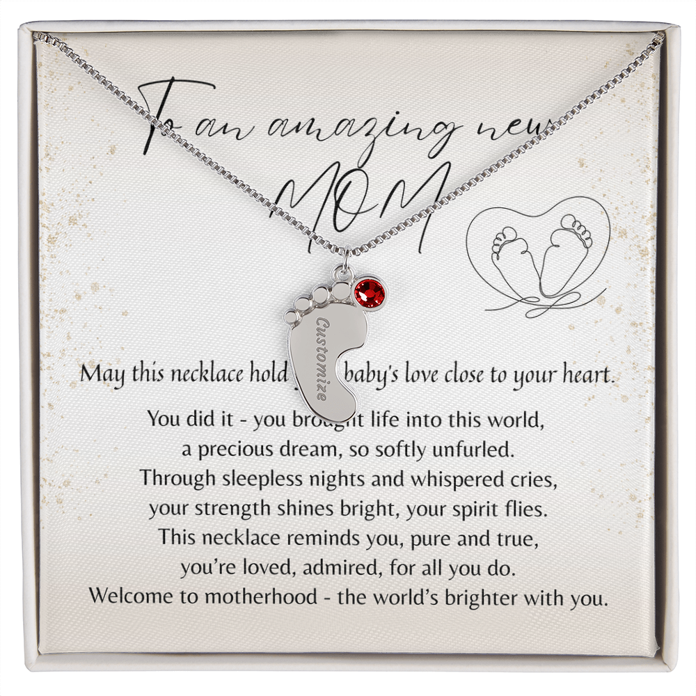 Personalized Engraved Baby Feet Necklace with Birthstone for New Mom – A Meaningful Gift for a New Mom | Stainless Steel or 18k Yellow Gold Finish displayed with heartfelt poem card.