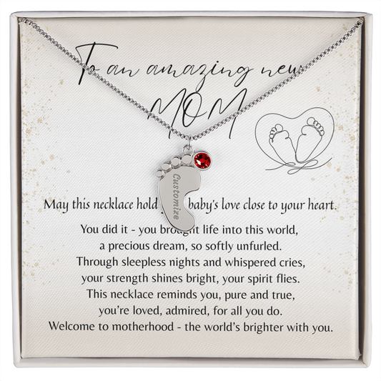 Personalized Engraved Baby Feet Necklace with Birthstone for New Mom – A Meaningful Gift for a New Mom | Stainless Steel or 18k Yellow Gold Finish displayed with heartfelt poem card.