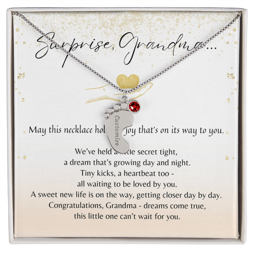 Personalized Engraved Baby Feet Necklace with Birthstone for Grandma-to-Be (1–4 Charms) – A Meaningful Pregnancy Announcement Gift for Grandma-to-Be | Stainless displayed with poem card in gift box