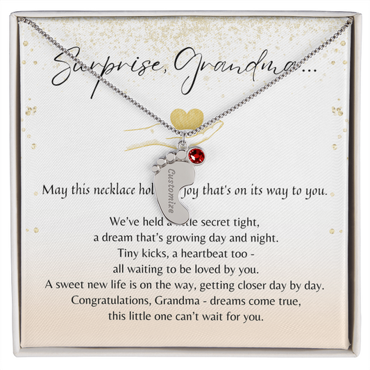 Personalized Engraved Baby Feet Necklace with Birthstone for Grandma-to-Be (1–4 Charms) – A Meaningful Pregnancy Announcement Gift for Grandma-to-Be | Stainless displayed with poem card in gift box