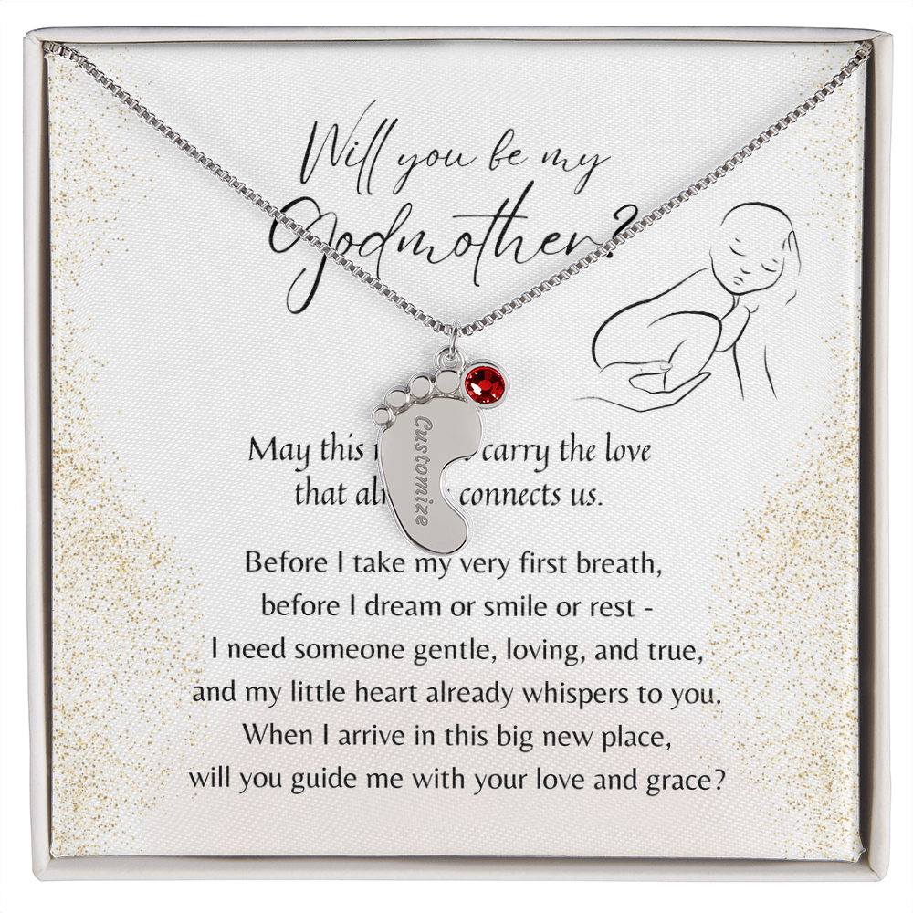 Personalized Engraved Baby Feet Necklace with Birthstone for Godmother Proposal – Meaningful jewelry gift in stainless steel or 18K gold finish
