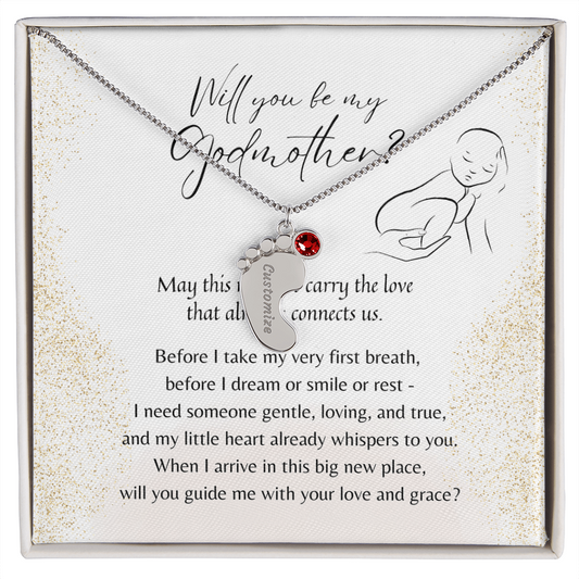 Personalized Engraved Baby Feet Necklace with Birthstone for Godmother Proposal – Meaningful jewelry gift in stainless steel or 18K gold finish