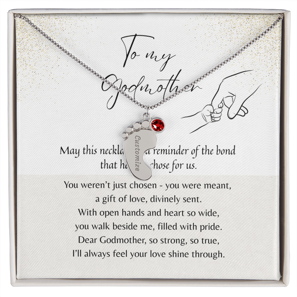 Personalized Engraved Baby Feet Necklace with Birthstone for Godmother Thank You – meaningful jewelry gift in stainless steel or 18k yellow gold